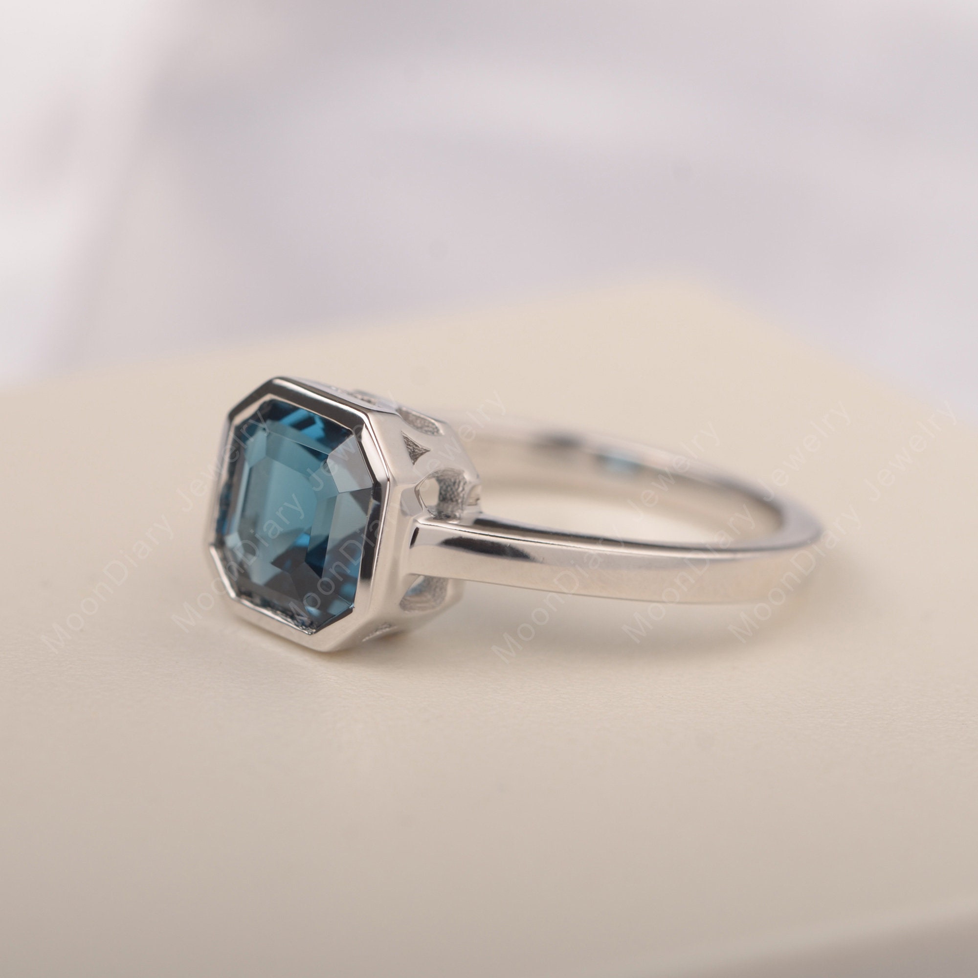 Asscher Cut London Blue Topaz Ring Silver Full Bezel Setting Etsy
