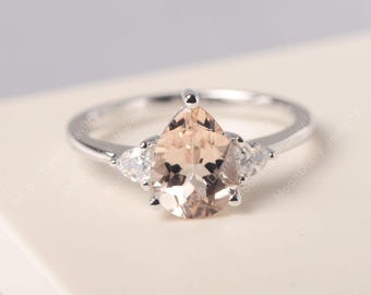 Real natural pink morganite engagement ring 14k solid gold tear drop shaped pink gemstone statement ring
