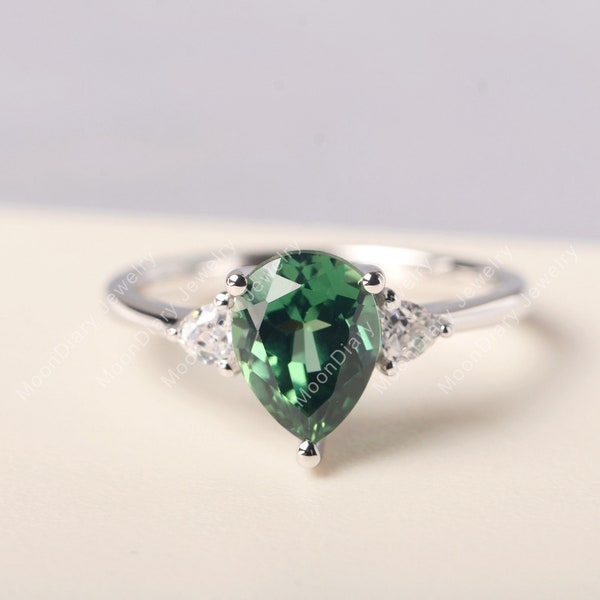 Handmade unique vintage green sapphire wedding ring solid sterling silver tear drop shaped teal sapphire anniversary gifts