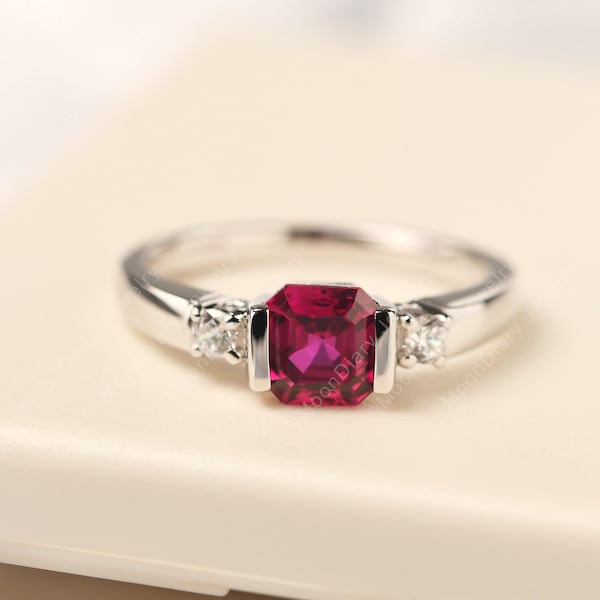 Asscher cut ruby engagement ring silver simple ring July birthstone