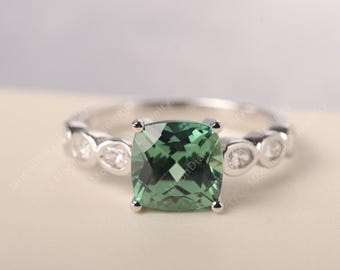 Anillo de compromiso vintage con zafiro verde, oro macizo de 14 quilates y zafiro verde azulado de talla cojín, regalo único para aniversario.