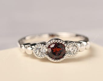 Vintage milgrain ring natural garnet bridal ring 14k white gold round cut three stone January birthstone