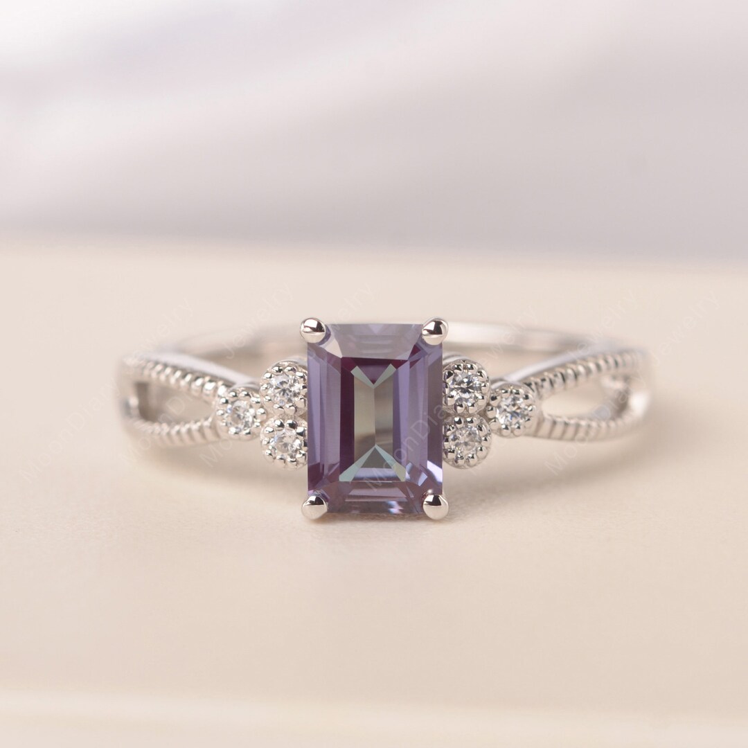 Alexandrite Engagement Ring for Women Emerald Cut Sterling Silver Color