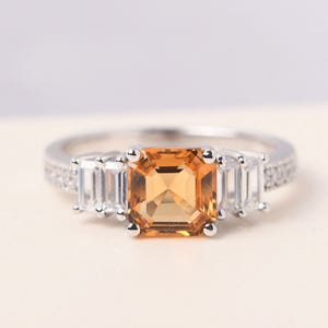 Asscher cut citrine engagement ring baguette cut side stones vintage statement ring November birthstone