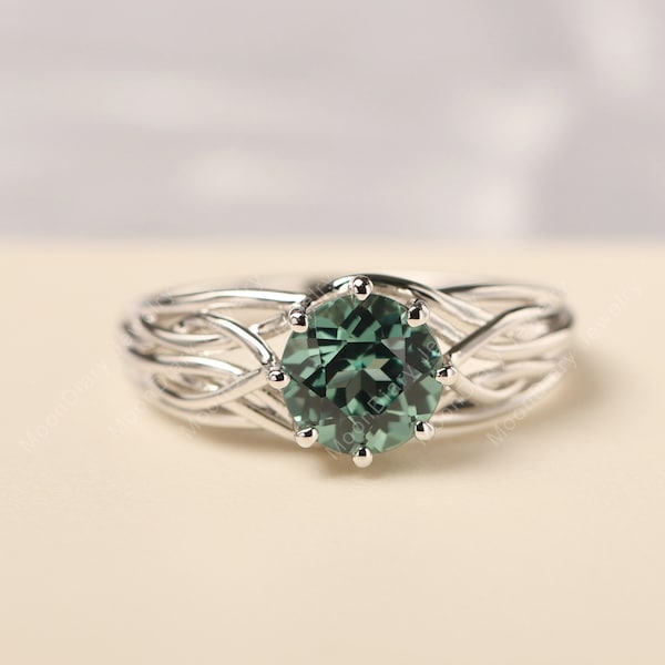 Unique green sapphire engagement ring sterling silver round cut free form nest ring handmade gifts for women