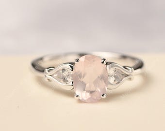 Rose quartz engagement ring sterling silver oval shaped retro three stone ring