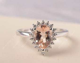 Natural pink morganite wedding ring solid silver pear shaped pink gemstone vintage halo ring