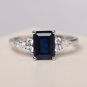 September birthstone blue sapphire cocktail party ring sterling silver emerald cut delicate ring image 1