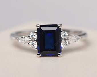 September birthstone blue sapphire cocktail party ring sterling silver emerald cut delicate ring