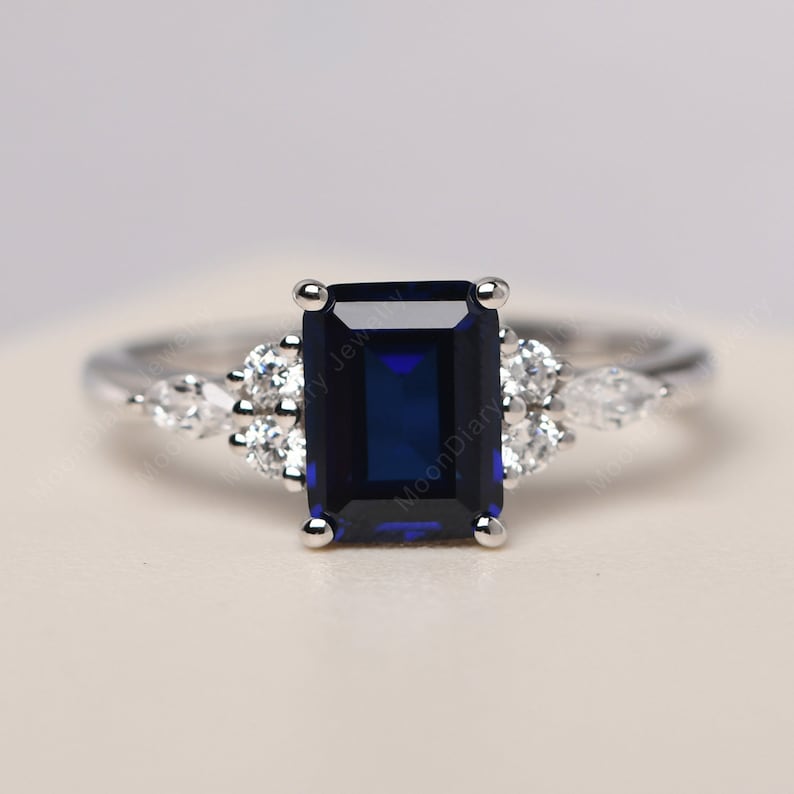 September birthstone blue sapphire cocktail party ring sterling silver emerald cut delicate ring image 1