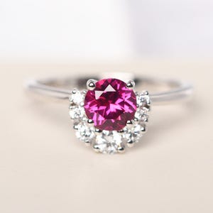 Dainty ruby wedding ring 14k white gold round cut 1.0 carat half halo ring July birthstone