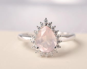 Natural rose quartz wedding ring pear cut pink quartz sterling silver handmade vintage ring