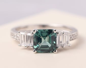 Asscher cut green sapphire promise ring baguette side stone sterling silver vintage milgrain ring
