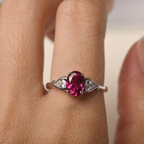 Ruby Pinky Ring Oval Shaped Statement Ring 14K White Gold July Birthstone