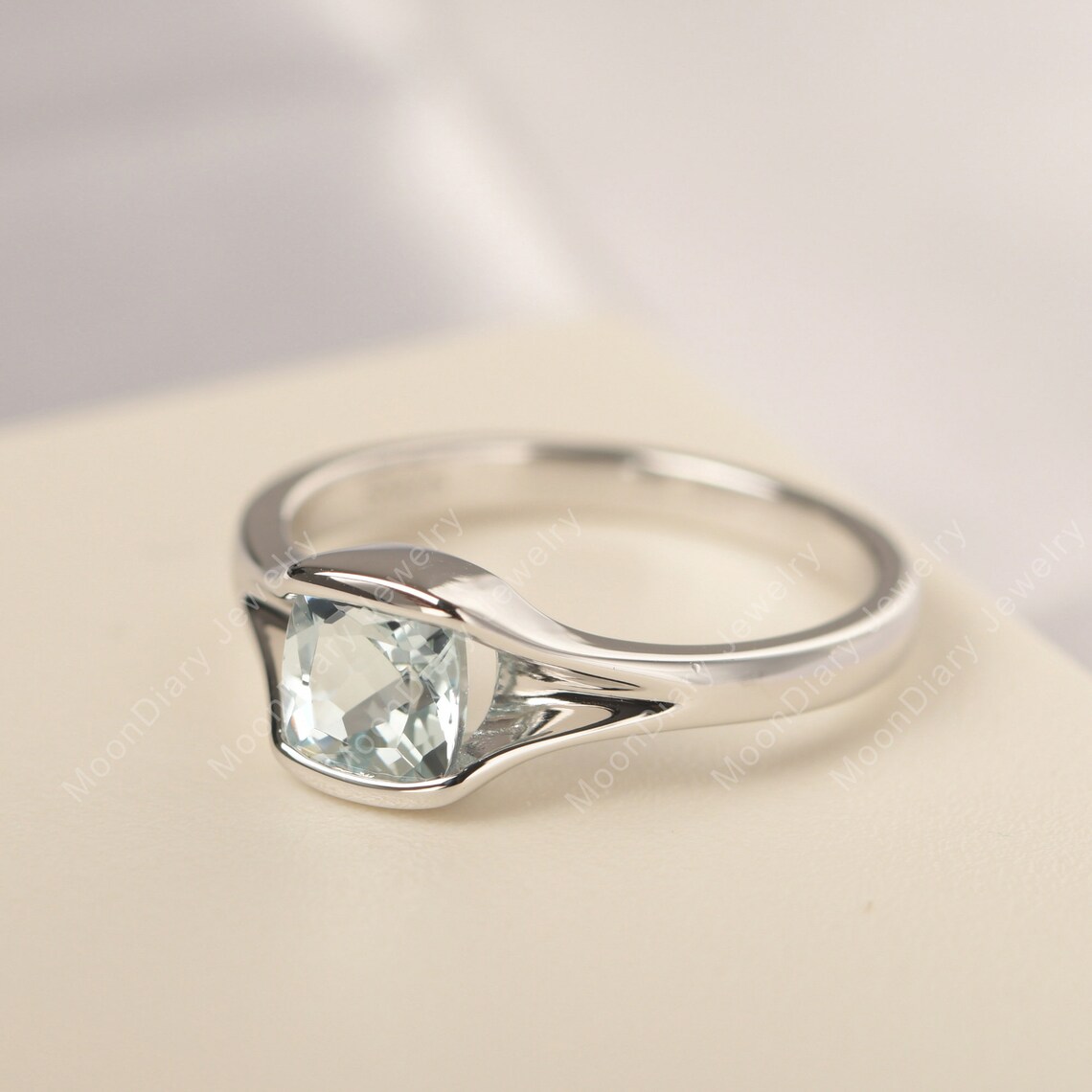 Real aquamarine promise ring 14k white gold cushion cut Etsy
