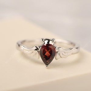 Vampire bat ring real garnet ring pear cut 14k white gold January birthstone Halloween jewelry