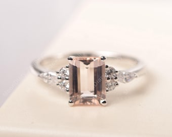 Pink morganite engagement ring sterling silver emerald cut real natural pink gemstone ring