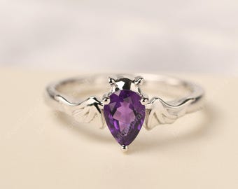 Vampire bat ring Halloween jewelry natural amethyst engagement ring tear drop shaped February birthstone