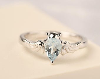 Halloween jewelry bat ring real aquamarine promise ring solid sterling silver March birthstone
