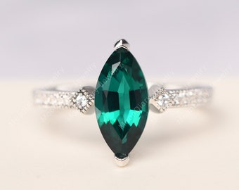 Marquise cut emerald wedding ring silver vintage art deco ring May birthstone