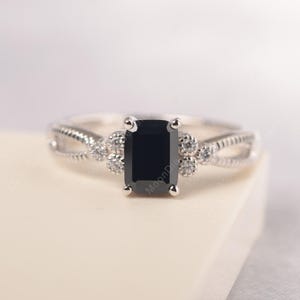 Emerald cut black spinel ring sterling silver black gemstone dainty engagement ring gift for her