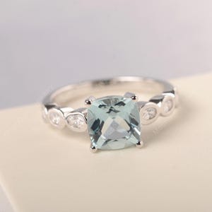 Cushion cut aquamarine promise ring light blue stone 14k solid white gold March birthstone