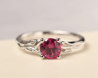 Ruby statement ring sterling silver round shaped branch with leaves ring July birthstone