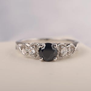Natural black spinel ring for women sterling silver round cut vintage wedding ring