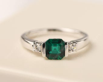 Dainty emerald wedding ring sterling silver asscher cut green stone May birthstone ring