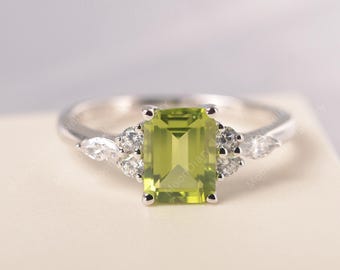 Real natural peridot ring sterling silver emerald cut green stone August birthstone wedding ring for women