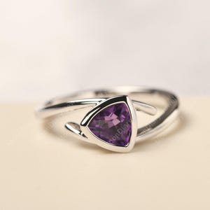 Natural amethyst solitaire wedding ring solid silver trillion cut minimalist ring February birthstone