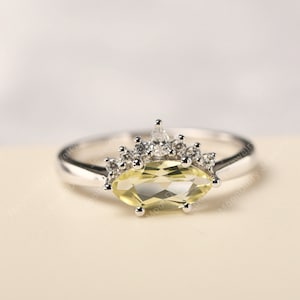 Natural lemon quartz crown bridal ring marquise cut yellow quartz sterling silver delicate daily ring