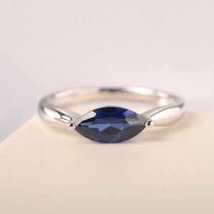 Solitaire blue sapphire engagement ring marquise cut blue stone September birthstone solid sterling silver