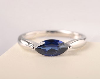 Solitaire blue sapphire engagement ring marquise cut blue stone September birthstone solid sterling silver