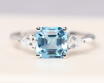 Swiss blue topaz statement ring asscher cut 14k white gold November birthstone ring