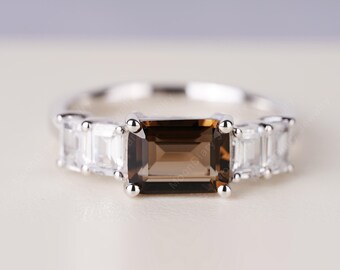 Smoky Quartz Bridal Ring Emerald Cut Silver Custom Wedding Ring Easr-West Gemstone Ring