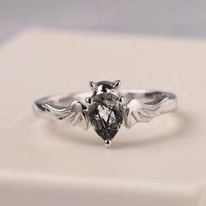 Pear shaped 7x5 mm black rutilated quartz ring unique bat ring black stone jewelry