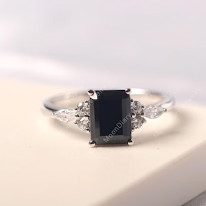 Rectangle ring Genuine black spinel ring sterling silver emerald cut black stone anniversary gifts for women