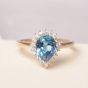 Real London blue topaz halo ring pear cut 14k solid yellow gold ring handmade birthday gift November birthstone