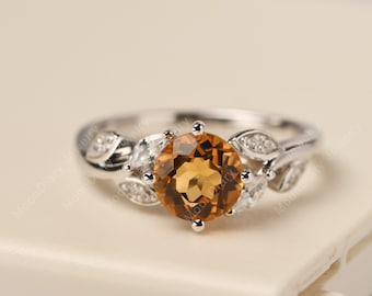 Citrine November birthstone ring 14k white gold round cut yellow gemstone branch promise ring