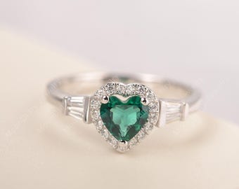 May birthstone emerald engagement ring sterling silver heart shaped halo ring handmade gift