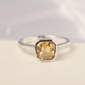 Natural citrine promise ring asscher cut yellow gemstone bezel set November birthstone ring