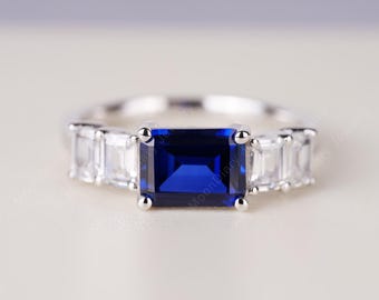 Blue Sapphire Stone Ring Promise Ring Anniversary Ring  September Birthstone with Baguette Cut Side Stones Ring
