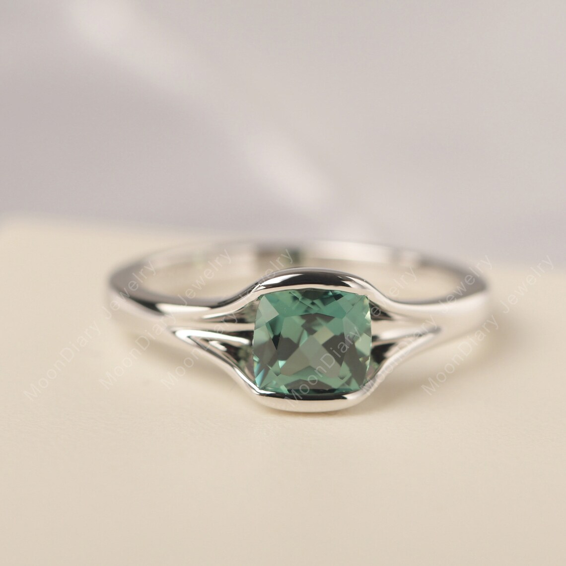 Unique Green Sapphire Engagement Ring Cushion Cut Half Bezel | Etsy
