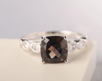 Anillo de cuarzo ahumado genuino en oro blanco de 14 quilates con piedra marrón de talla cojín y gran anillo de cóctel.