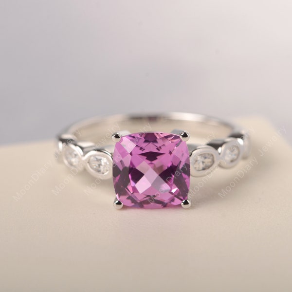 Pink sapphire ring sterling silver pink gemstone cushion cut vintage wedding ring