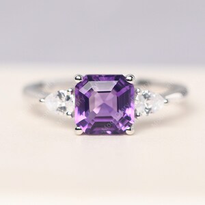 Asscher cut 7x7 mm amethyst engagement ring with pear side stone silver February birthstone ring