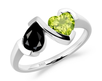Minimalist toi et moi ring sterling silver heart and pear shaped two stone black spinel and peridot wedding promise ring for ladies