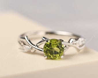 Tree branch engagement ring peridot twig ring round cut silver August birthstone
