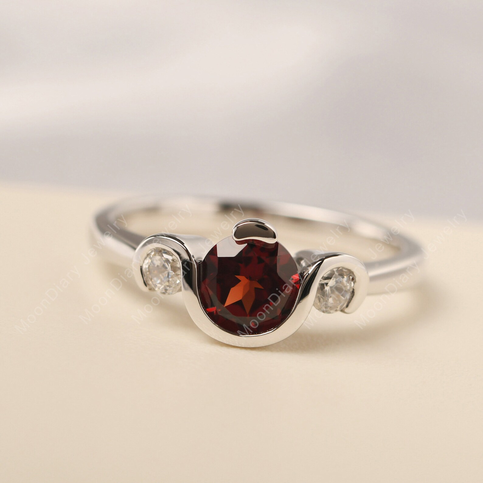 wedding ring solid silver round cut red stone three